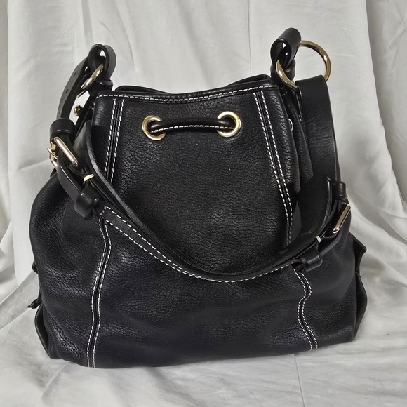 Dooney & Bourke Black Leather Drawstring Slouch Bag - Picture 2 of 10